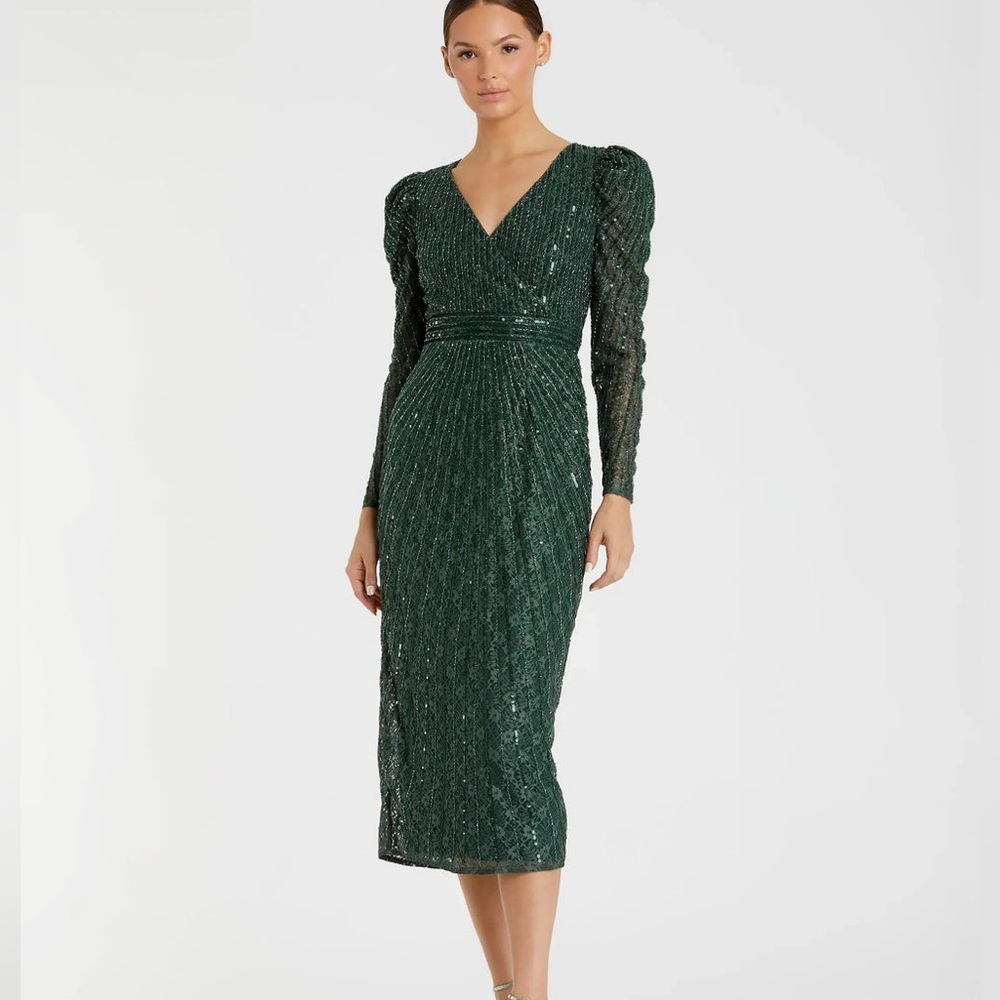 NWT Mac Duggal Green Beaded Lace Long Sleeve Midi Dress Size 2